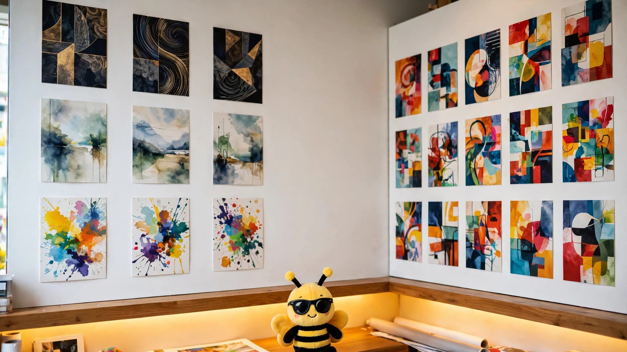 BannerBee 印刷工場實景 — 牆上掛滿彩色噴繪作品,戴墨鏡嘅蜜蜂公仔喺前面